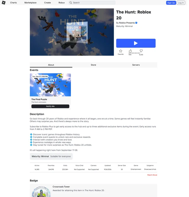Roblox's page for The Hunt: Roblox 20 on the morning of 27 September 2026, showing an Events card titled The Final Puzzle dated Sunday 27 September at 3:00 PM