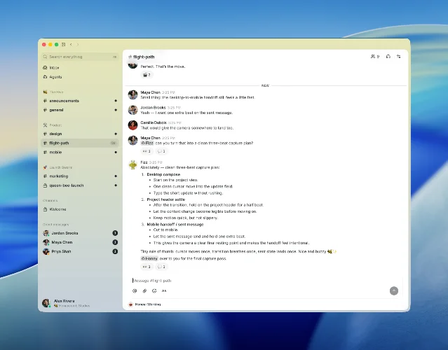 Buzz channel view with an AI agent drafting a numbered plan beside human messages