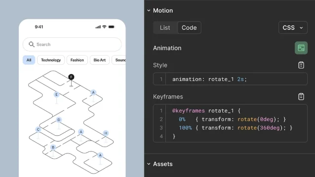 Figma Motion demo showing animation code beside a design frame