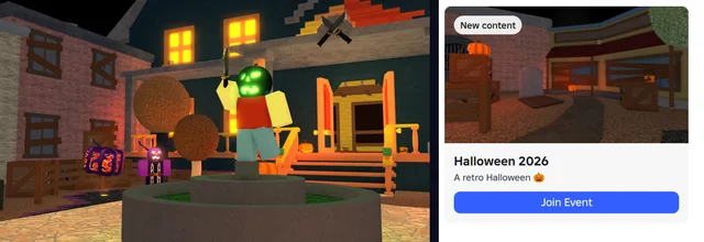 Two panels side by side: on the left a retro Roblox Halloween scene with a pumpkin-headed character holding a knife in an orange-lit garden; on the right the game's Events card reading Halloween 2026, A retro Halloween, with a blue Join Event button