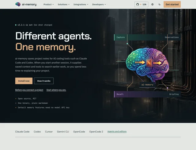 The ai-memory product page on October 24, 2026, headed "Different agents. One memory." with a four-stage diagram labelled Capture, Observations, Recall and Briefing around a central chip-and-brain illustration, and the claim that default memory features need no model API key