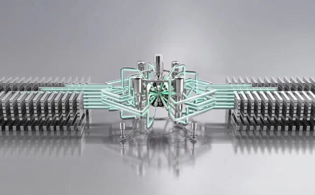 Illustrated diagram of lasers firing into a fusion reaction chamber