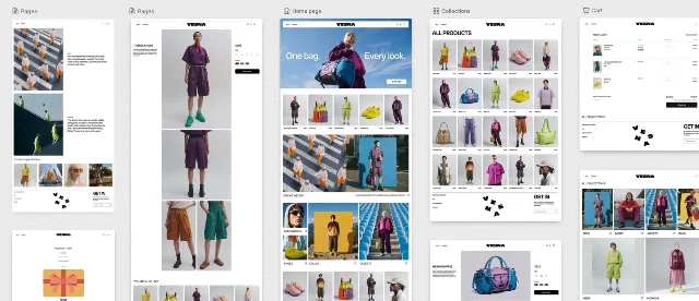 Five VESNA store pages laid out side by side, a home page, product pages, a collection grid and a cart, as Shopify presents them for Canvas