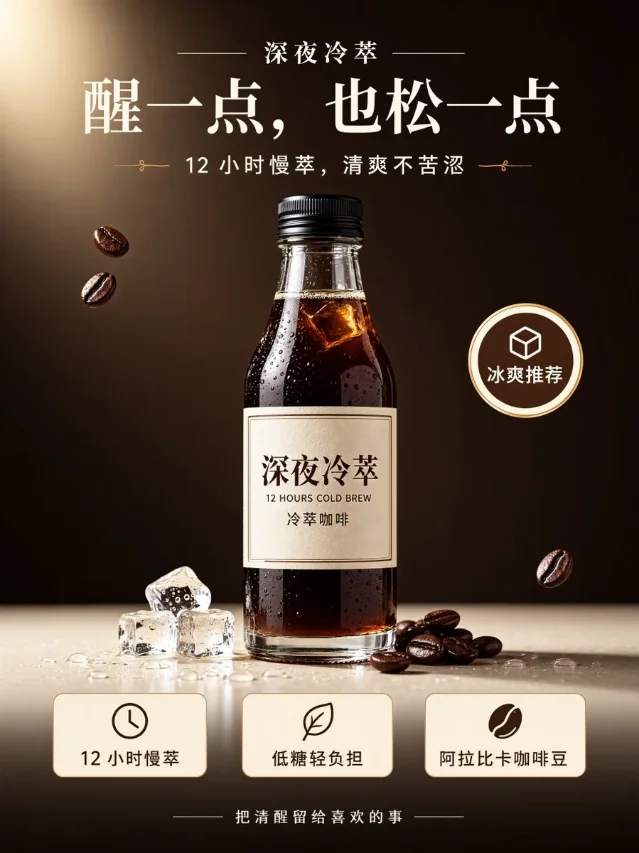 Ming-Image-0.1-Design 出的产品海报:深色背景上一瓶冷萃咖啡,顶部是「深夜冷萃」与主标题,下方三张卡片分列「12 小时慢萃」「低糖轻负担」「阿拉比卡咖啡豆」,右侧一枚「冰爽推荐」圆形徽标