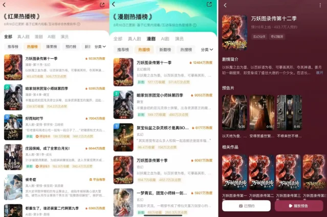 红果漫剧榜单与剧集页截图