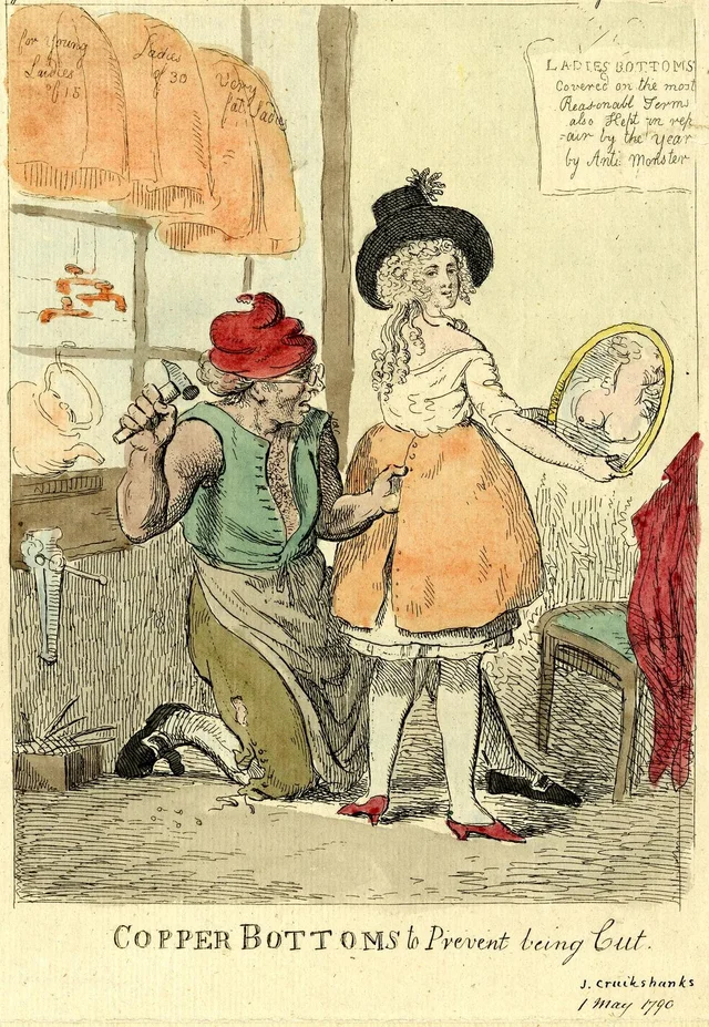A tailor kneeling to fit a copper petticoat on a young woman holding a mirror, with a shop sign offering Ladies Bottoms Covered