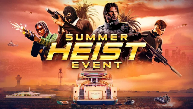Summer Heist Event artwork with armed characters and a Galaxy Super Yacht at sunset.