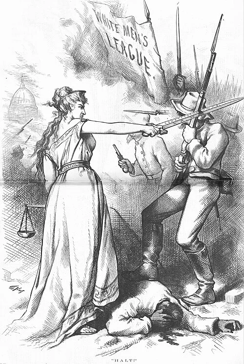 Thomas Nast's 1874 illustration 'Halt!' — Columbia blocking armed white men with a Black victim at her feet, White Men's League banner visible
