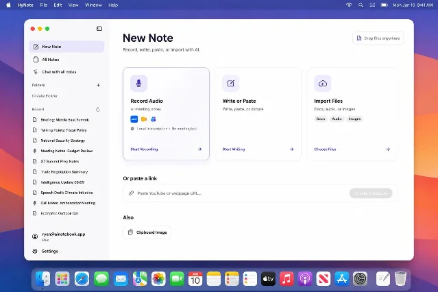 HyNote Mac 新建笔记页面,显示 Record Audio、Write or Paste 和 Import Files 入口