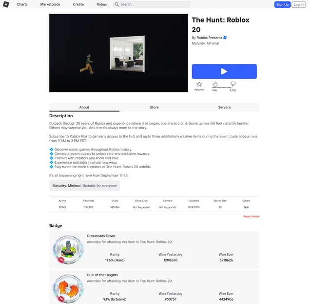 The Hunt: Roblox 20 experience page on the morning of September 20, 2026, showing the Description tab, the live counters row, and the first three event badges with their rarity and completion counts