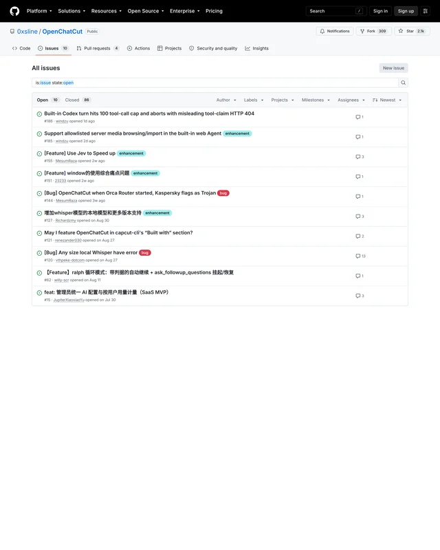 0xsline/OpenChatCut 的 issue 列表页