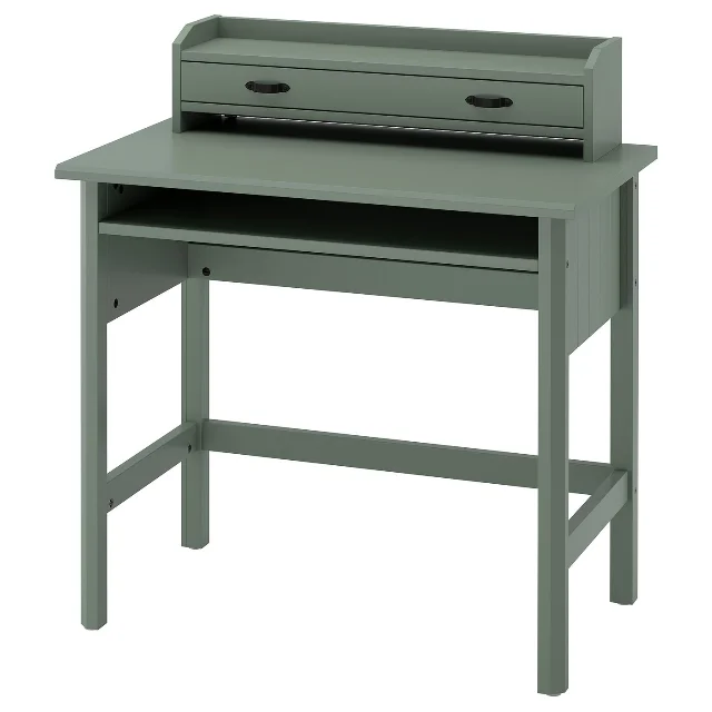 Green BRYTNING desk with raised add-on unit, drawer, and open shelf, shown on a white background.