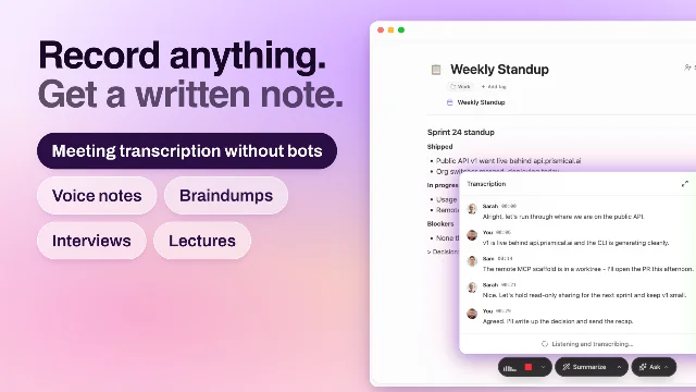 Prismical's desktop note view beside a live transcription panel that labels each speaker