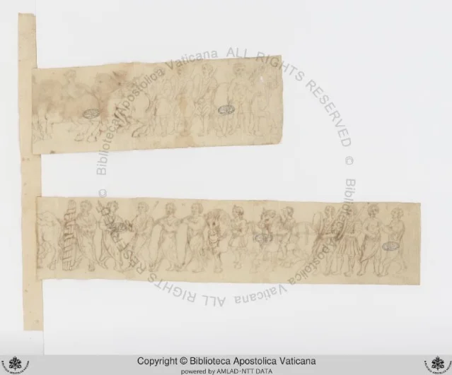 Folio 12v of Barb.lat.4426: two horizontal strips showing a procession of robed and armored figures copied from what appears to be a Roman sculptural frieze or sarcophagus relief, rendered in delicate ink on aged paper