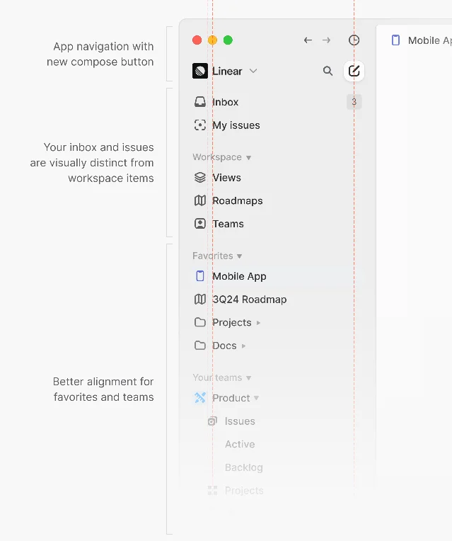Linear's sidebar alignment diagram showing icon, label, and button sharing the same vertical grid columns