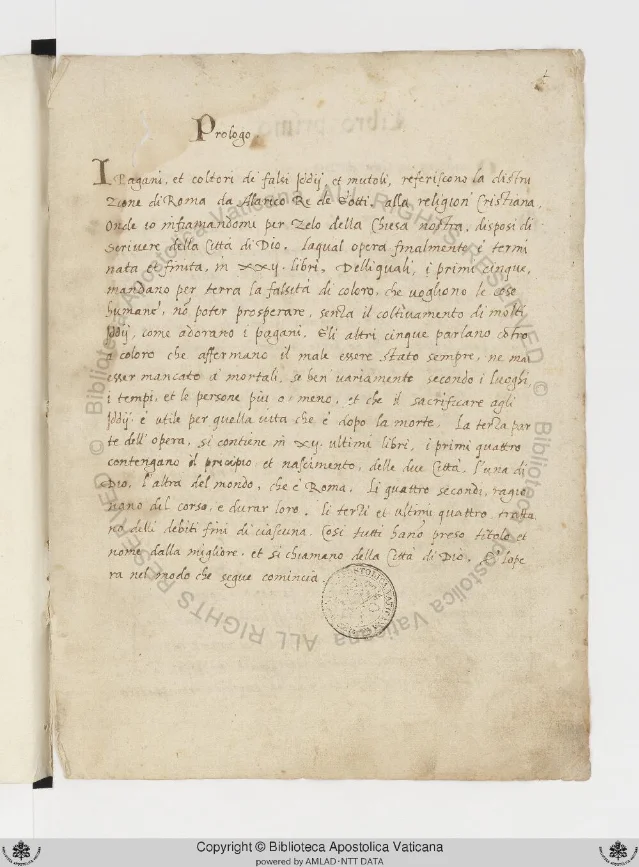 Folio 1r of Ott.lat.2912: the Italian prologue in humanistic cursive, with Vatican library stamp