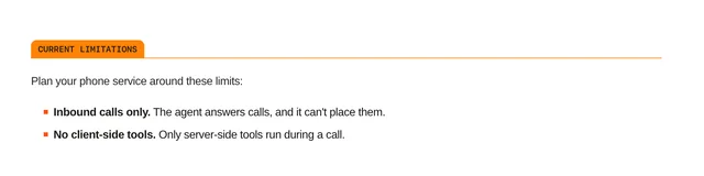 The Current limitations section of Mistral's telephony documentation, listing "Inbound calls only" and "No client-side tools"