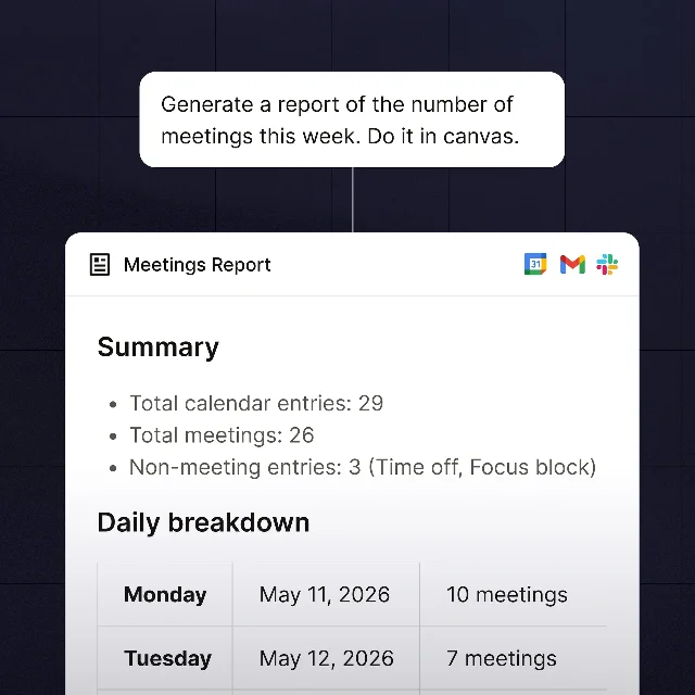 A Vibe workflow turns a meeting prompt into a report using calendar, email, and chat data