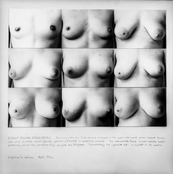 《Breast Forms Permutated》的黑白九宫格图像与下方手写说明