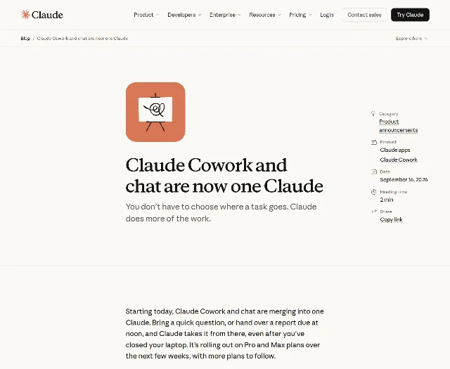 The Claude announcement page, headed "Claude Cowork and chat are now one Claude" and dated September 16, 2026