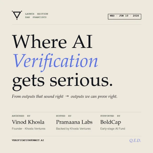 Verification Summit Launch Edition event poster — muted beige background, triangle logo, LAUNCH EDITION SAN FRANCISCO text, Vinod Khosla attribution
