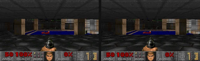 Two Doom screenshots side by side showing the same room, the same weapon and the same status bar
