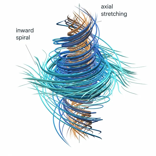 OpenAI's diagram of the claimed singularity: fluid trajectories spiralling inward while stretching along the axis