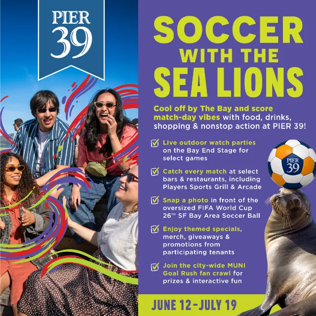Pier 39 Soccer watch parties poster — "Soccer with the Sea Lions" waterfront FIFA World Cup 2026 fan zone