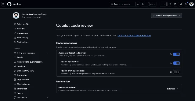 GitHub's Copilot code review settings page, showing an automatic review toggle, a review-new-pushes toggle, a review-draft-pull-requests toggle set to Off, and a review effort level set to Balanced