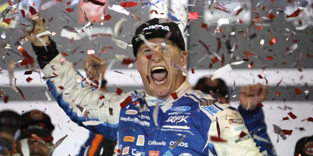 Ryan Preece celebrates his Daytona victory amid falling confetti