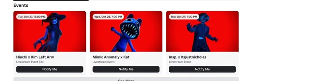 Three event cards on The Hollow's events rail, each with a date pill: "Tue, Oct 27, 12:00 PM" above Hiachi x Kim Left Arm, "Wed, Oct 28, 7:00 PM" above Mimic Anomaly x Kat, and "Thu, Oct 29, 7:00 PM" above Insp. x Itsjustnicholas