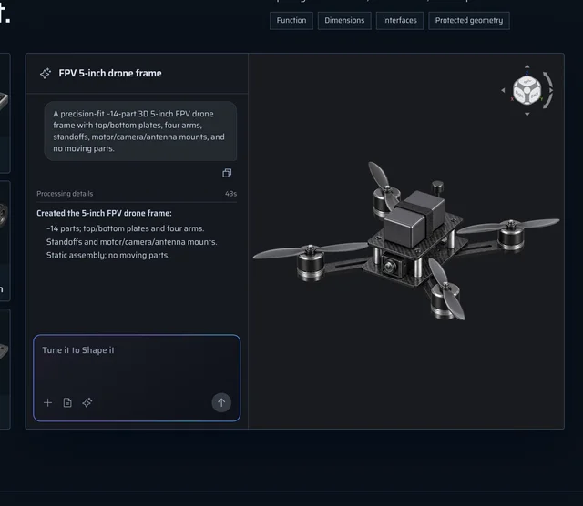 zCAD's FPV 5-inch drone frame example, with the four-field brief on the left and the 14-part assembly on the right, processing time 43 seconds