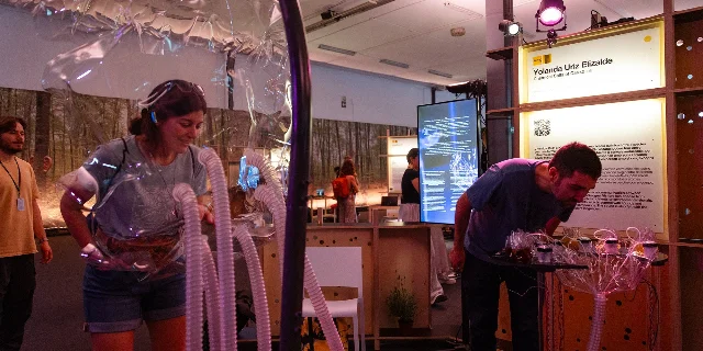 Transparent tubes and vessels form a multisensory installation in a gallery, with visitors moving around it