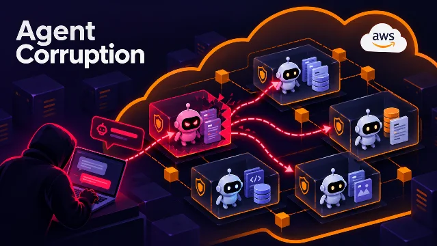 A published infographic titled Agent Corruption showing a hooded figure at a laptop sending one chat prompt into an AWS cloud boundary, where a red-outlined agent is broken open and red arrows run from it to five further agent boxes, each holding a shield icon and its own data