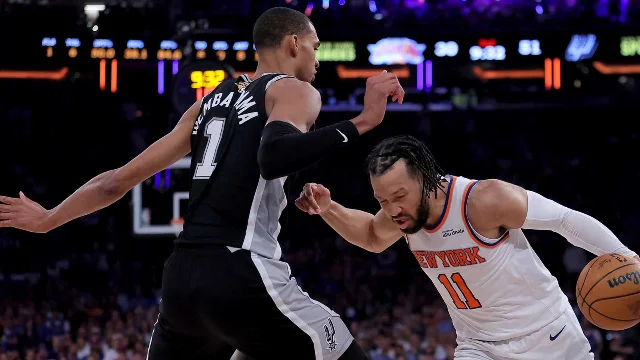 Victor Wembanyama defends Jalen Brunson during the NBA Finals