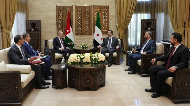 Safadi and Syrian FM Shaibani at the expanded meeting in Damascus, June 14, 2026