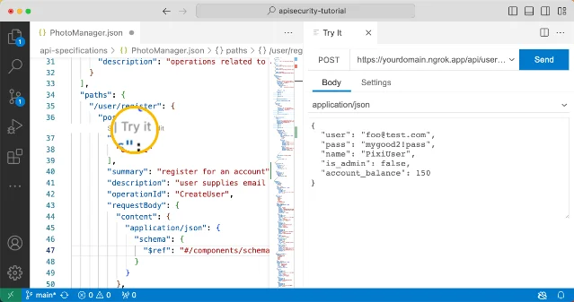 VS Code split view showing a POST /user/register operation in the spec on the left and the Try It panel on the right with auto-populated JSON body and a Send button