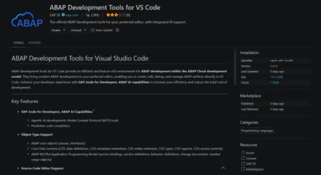VS Code Marketplace page for ABAP Development Tools for VS Code, published by SAP SE, showing the extension description, key features list, and installation sidebar