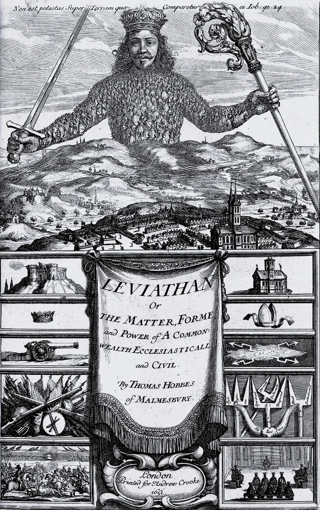 Leviathan frontispiece showing a sovereign composed of many people