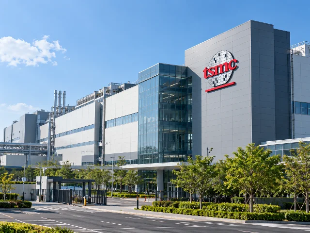 台积电厂区外观，厂房外立面挂有红色 tsmc 标识