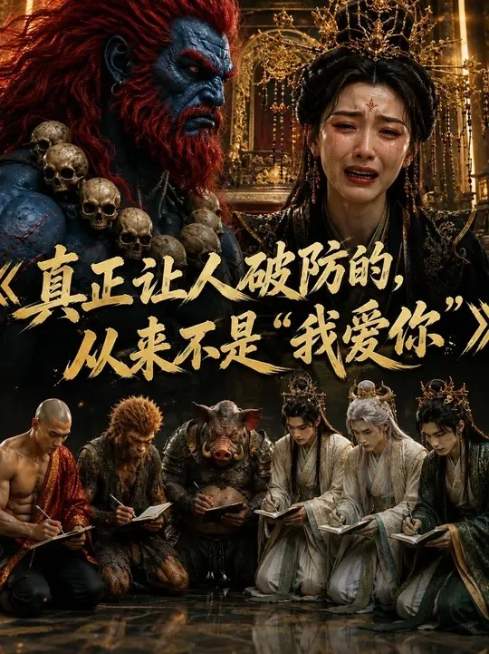 《速通西游》抖音官方封面:蓝肤红发的卷帘大将与落泪女主上下对位,师徒与配角在下方跪坐记笔记,画面中印有金句标题。