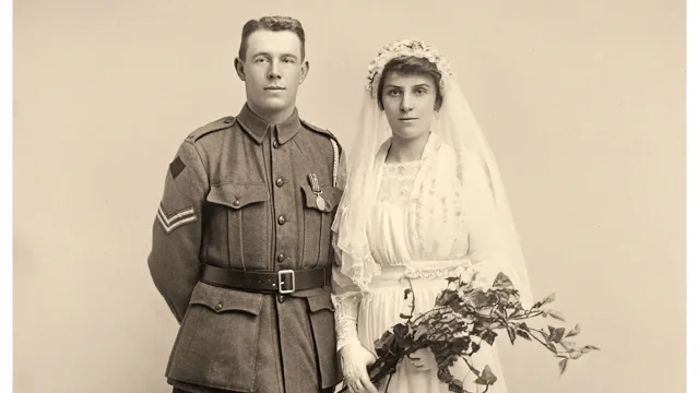 Claude Nuttall in uniform beside his bride Violet on their wedding day in Stourbridge