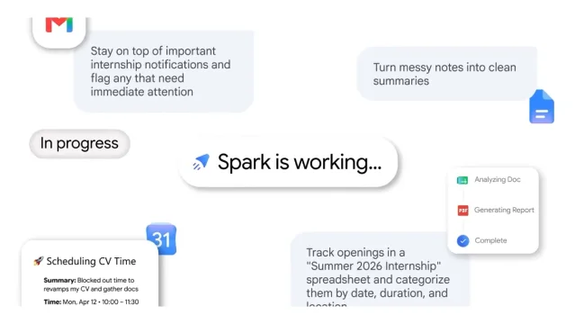 Gemini Spark工作流宣传图,展示邮件提醒、文档总结和表格排程等任务界面
