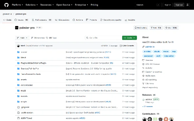 GitHub 上 palmier-io/palmier-pro 的仓库首页