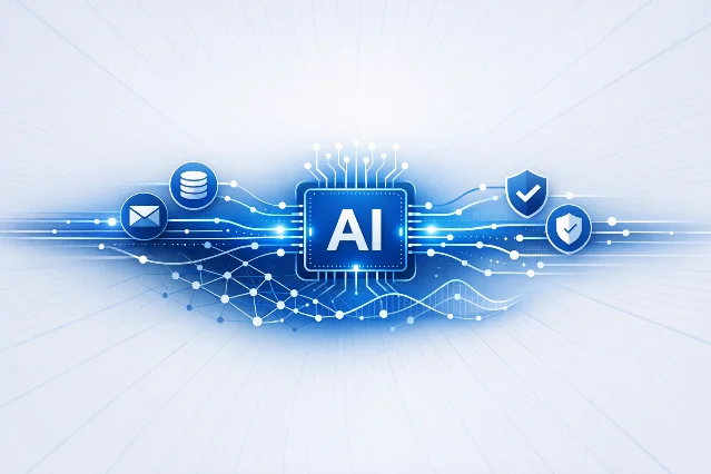 蓝色 AI 芯片连接邮件、数据库和安全盾牌的示意图