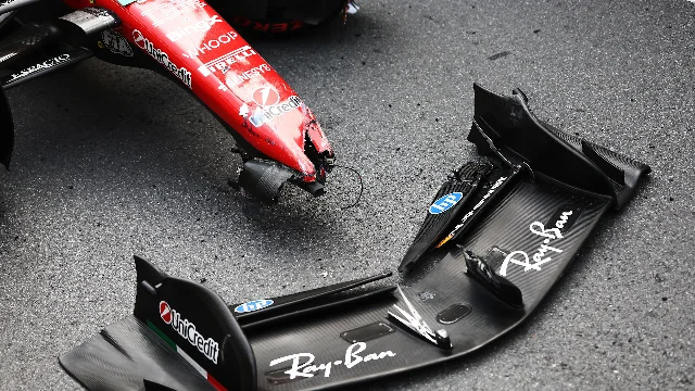 The damaged Ferrari of Charles Leclerc after his crash at Antony Noghes, triggering the red flag