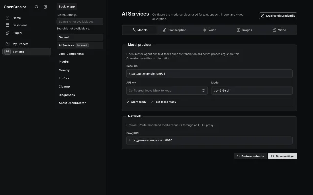 OpenCreator 的 AI Services 设置页