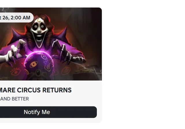 A screenshot of The Mimic's Events rail with a single card: an illustration of a masked figure in a purple suit holding a glowing orb, titled NIGHTMARE CIRCUS RETURNS with the subtitle "it's back and better", dated Mon, Oct 26, 2:00 AM and carrying a Notify Me button