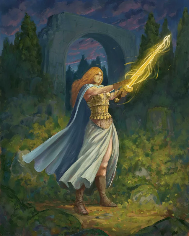 Red-haired warrior wielding a glowing golden sword before a dusk-lit stone archway