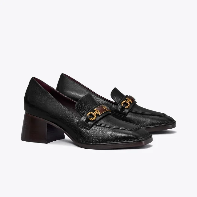 Tory Burch Perrine Heel Loafer in black leather, angled view